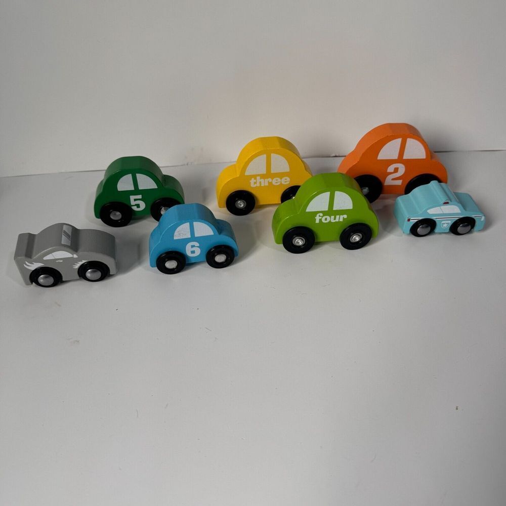 Lot of 7 Melissa & Doug Wooden Cars - #2, 3, 4, 5, 6, POLICE car and race car